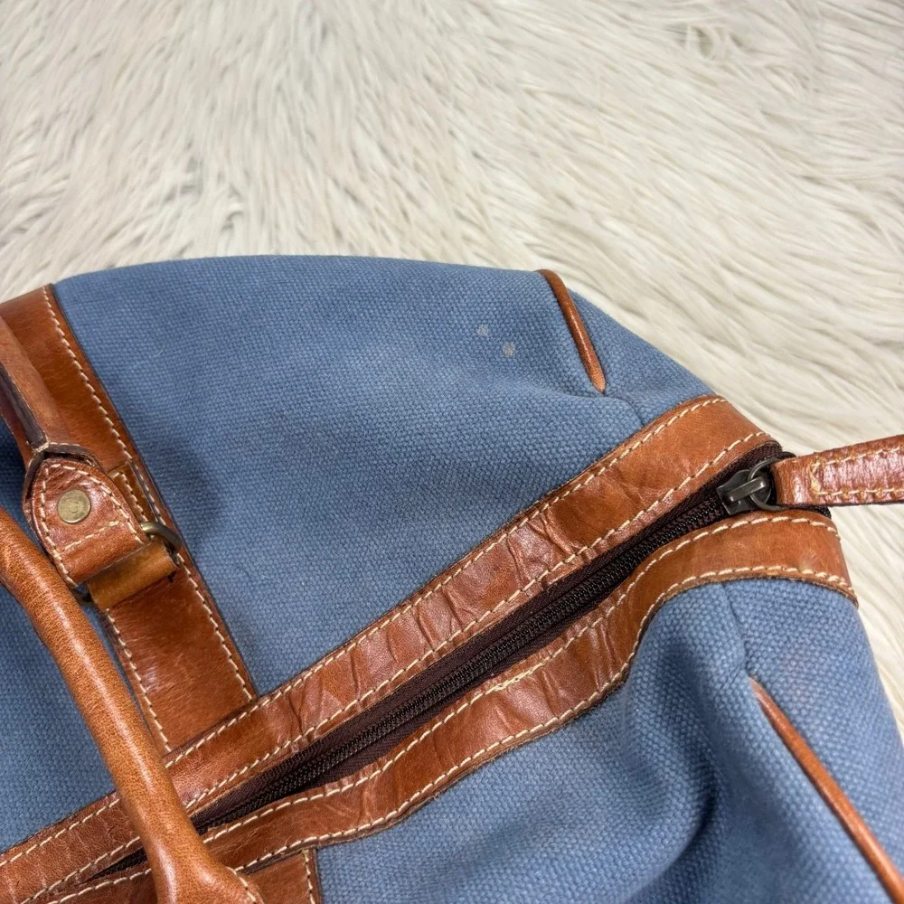 Vintage Fossil Blue Canvas Brown Leather Duffle Bag Travel Classic Preppy Retro